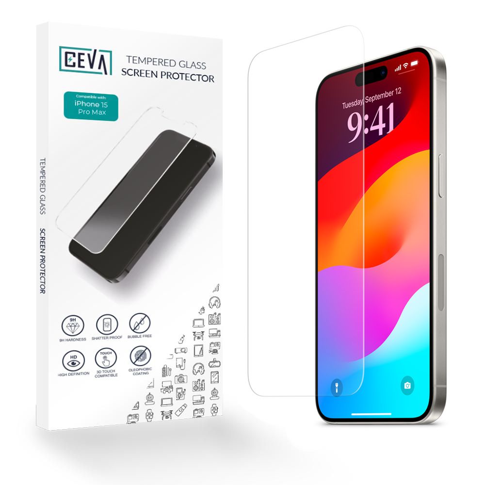 Replacement screen protector for Essential Apple iPhone 15 Pro Max, CEVA grade, London Repair Outlet